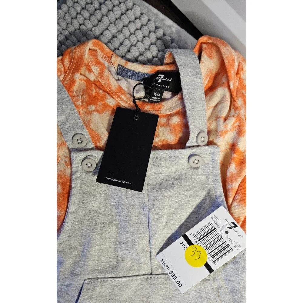 7 for all Mankind size 18 mos boys gray overall and orange tie-dye shirt set NWT